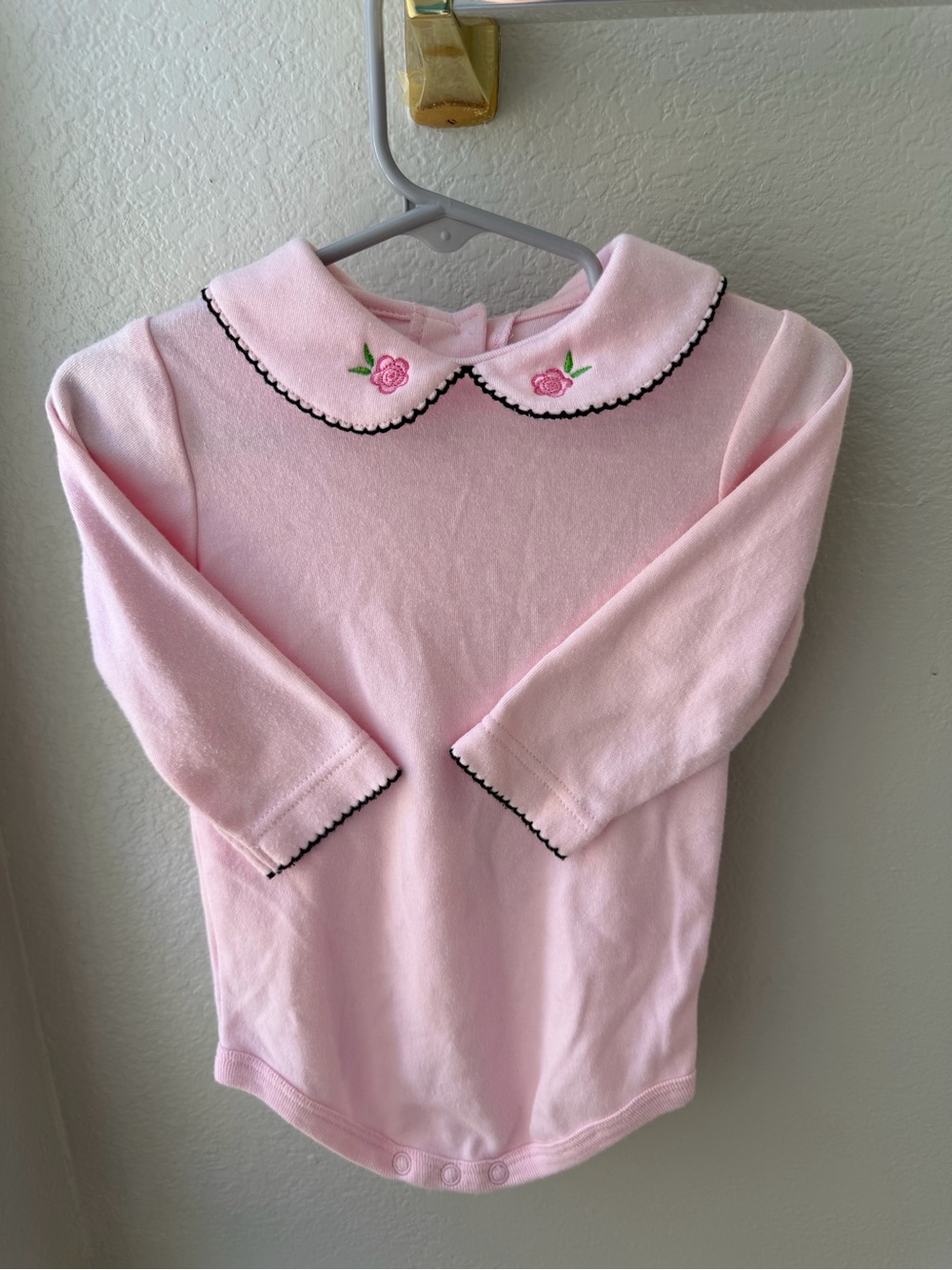 Rare Editions Pink Long-Sleeve Peter Pan Collar Top with Rose Embroidery